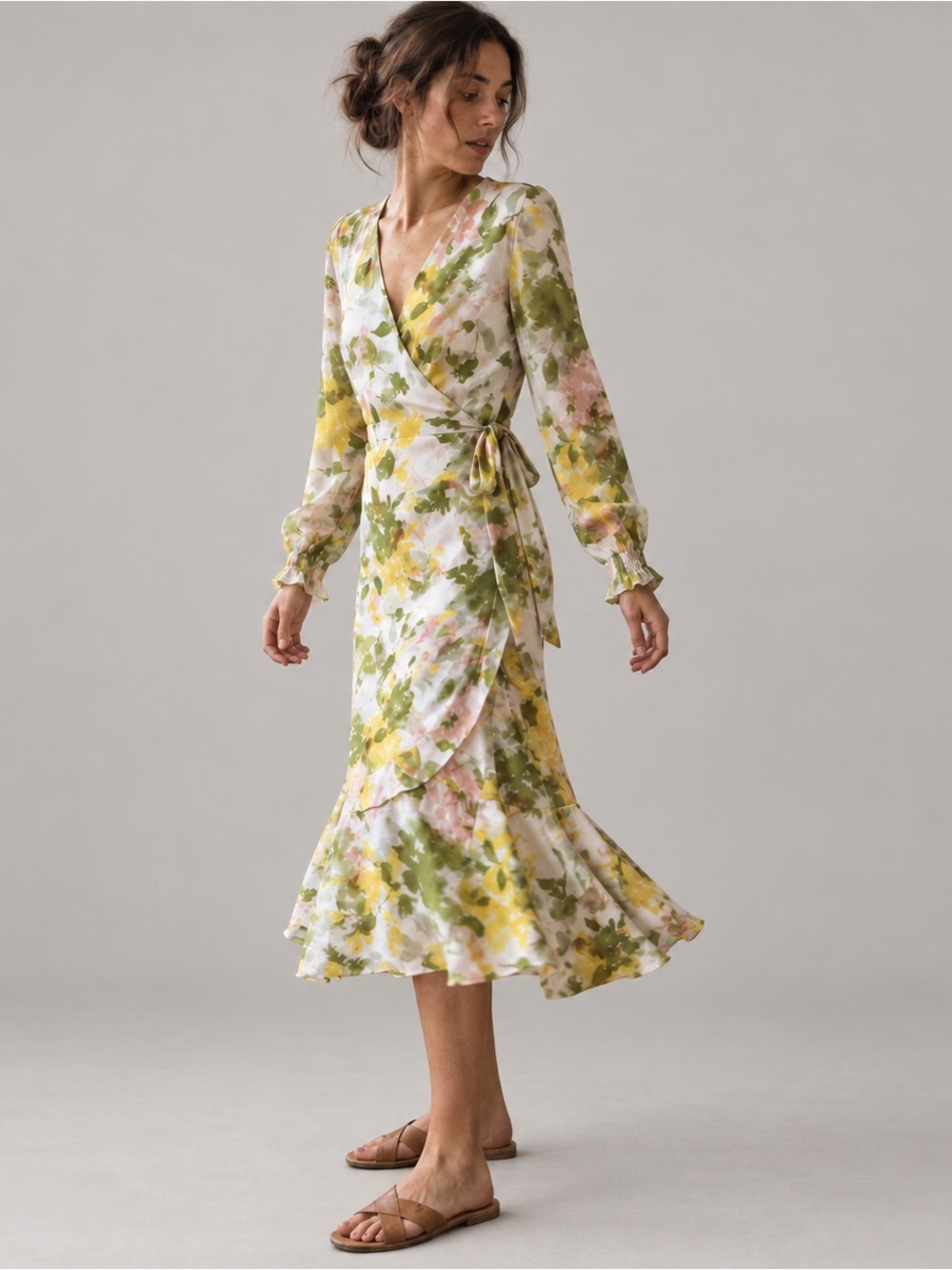 Daisy Silk Floral Mulberry Silk Wrap Midi Dress Long Sleeve XL